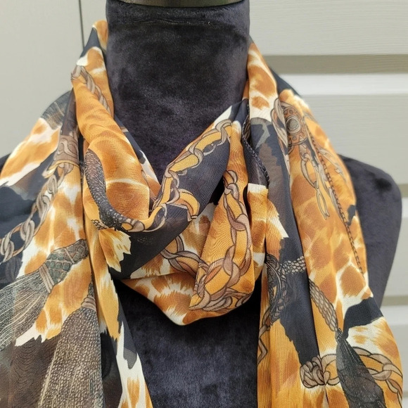 Fall Colors Chain Chiffon Scarf Wrap Beige Brown Black Print OS - Picture 2 of 6